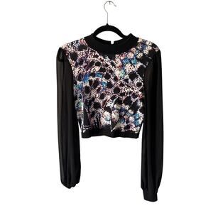 bebe 90s Black Paint Patterned Mesh Sleeves Mock Neck Cropped Top M
